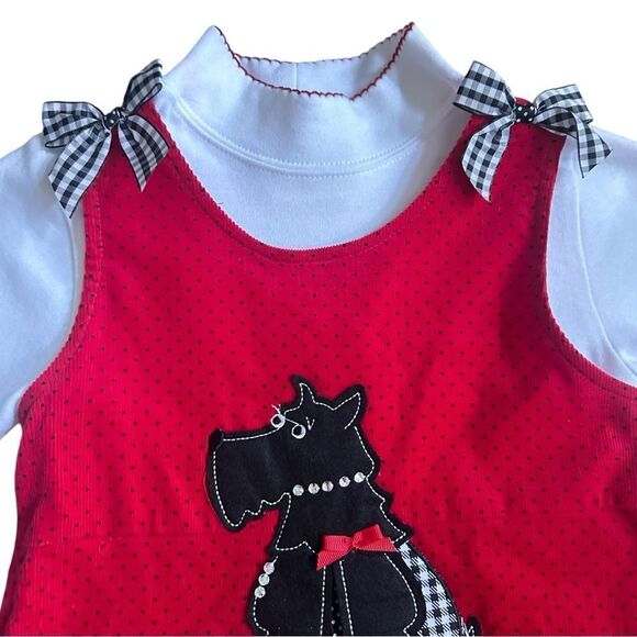 Rare Edition Girl 5 Red Corduroy Jumper Dress Gingham Bow Scotty Dog Appliqué - Picture 3 of 11